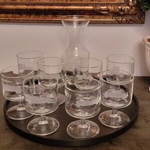 Vintage Cadillac Etched Cocktail Glasses Set of 8 and Carafe1902-1938
